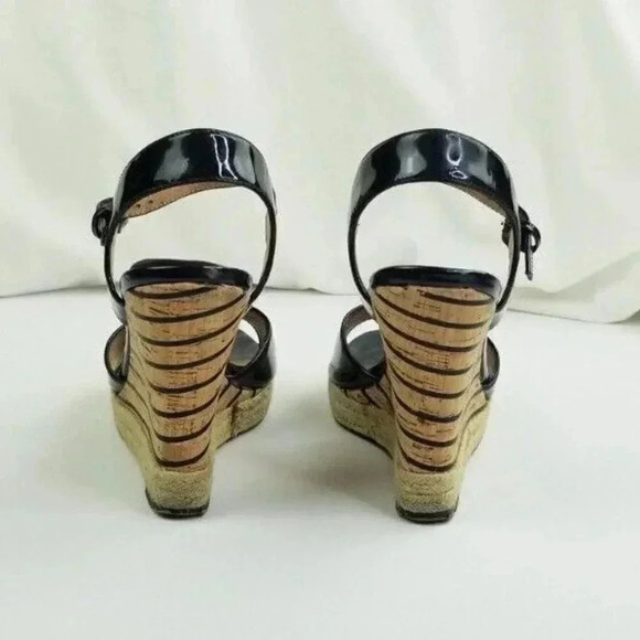 Charles David Size 8 Womens Black Patent Leather Ankle Strap Wedge Heel Peep Toe - Picture 11 of 12